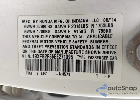 2014 Honda Civic Lx из США, поврежденный, VIN 19XFB2F56EE271095